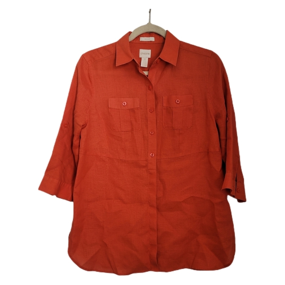 Chicos Top Womens Size 0P S Small Orange Linen Button Up Roll Tab Sleeve No Iron - Picture 2 of 7